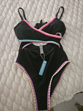 NWT Black One-Piece Swimsuit with Neon Trim